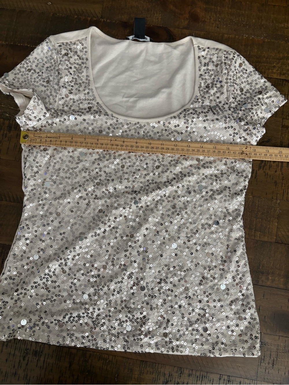 White House Black Market Silver Sequin Scoop Neck Tee #9